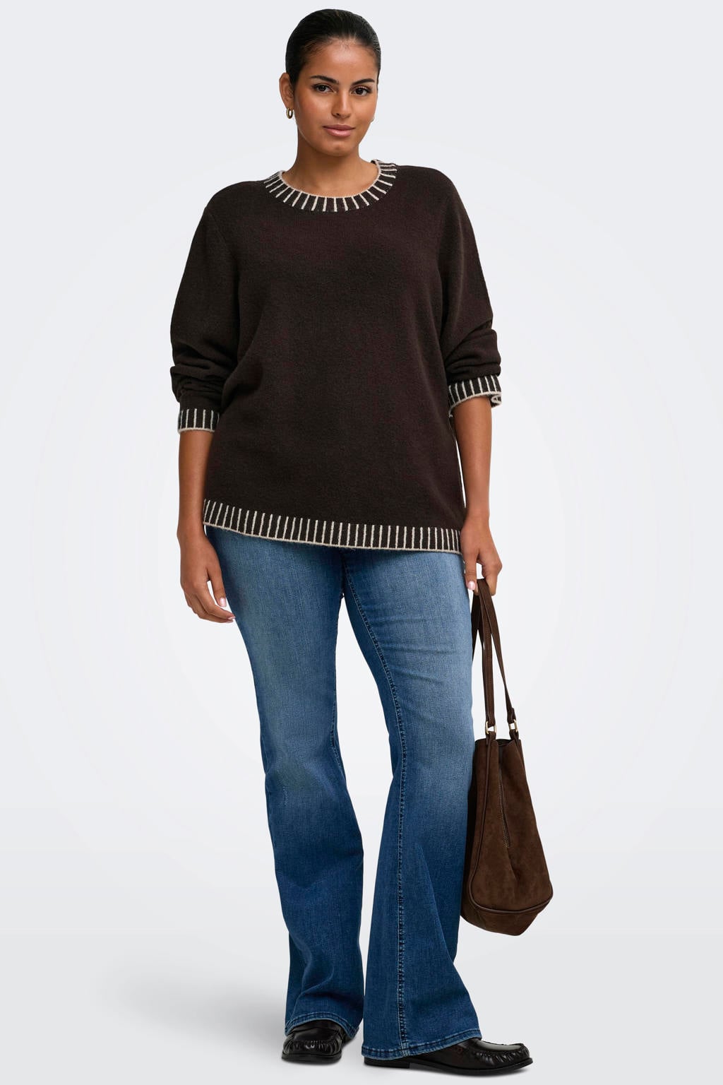 Donkerblauwe dames ONLY CARMAKOMA Plus Size rechtvallende gebreide trui van wol met effen en lange mouwen