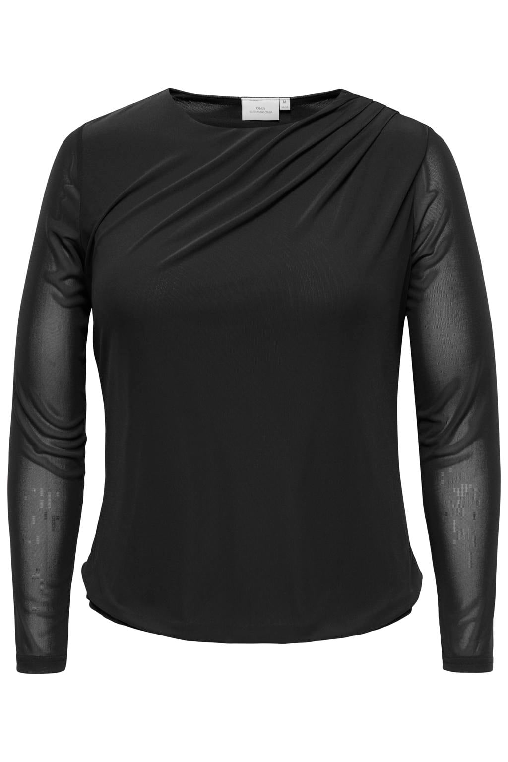 Zwarte dames ONLY CARMAKOMA Plus Size top van polyamide met effen, lange mouwen en mesh