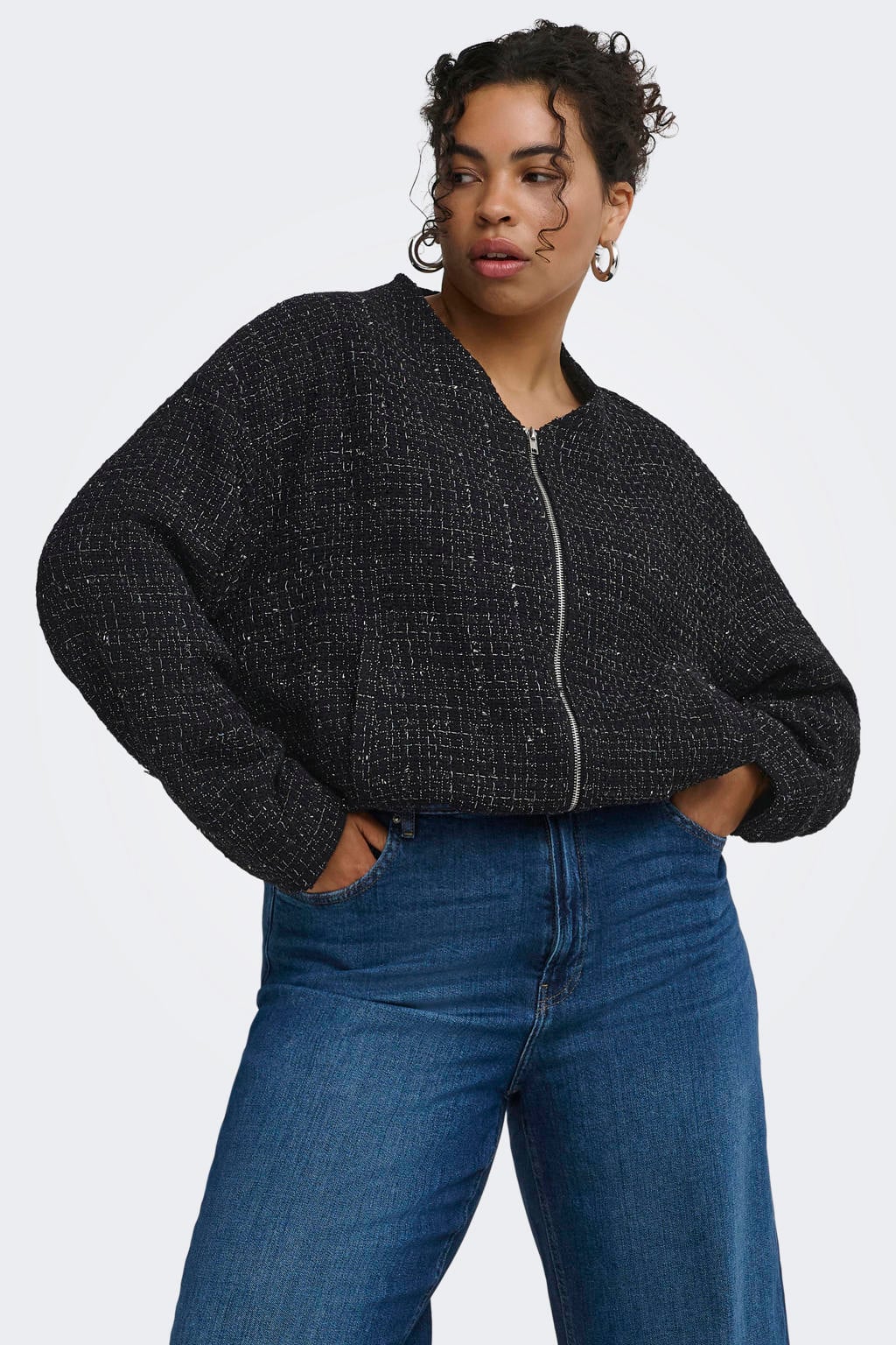 ONLY CARMAKOMA Caramaya L/S Boucle Glitter Bomber Pnt Plus Size bomberjack - zwart