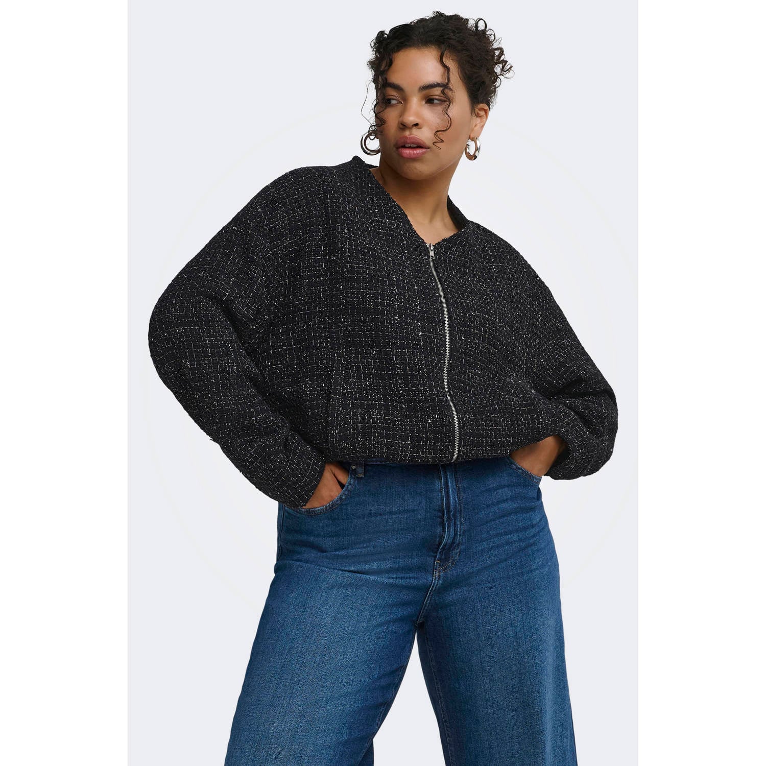 ONLY CARMAKOMA Caramaya L S Boucle Glitter Bomber Pnt Plus Size bomberjack zwart