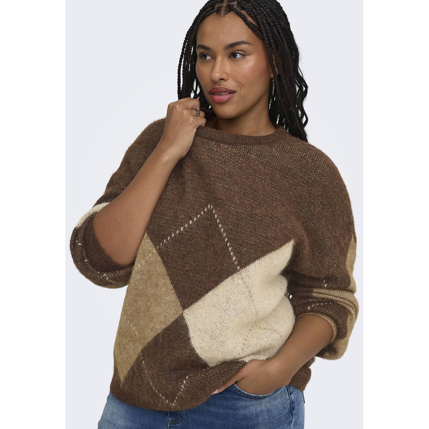 ONLY CARMAKOMA Plus Size gebreide geruite trui met wol bruin