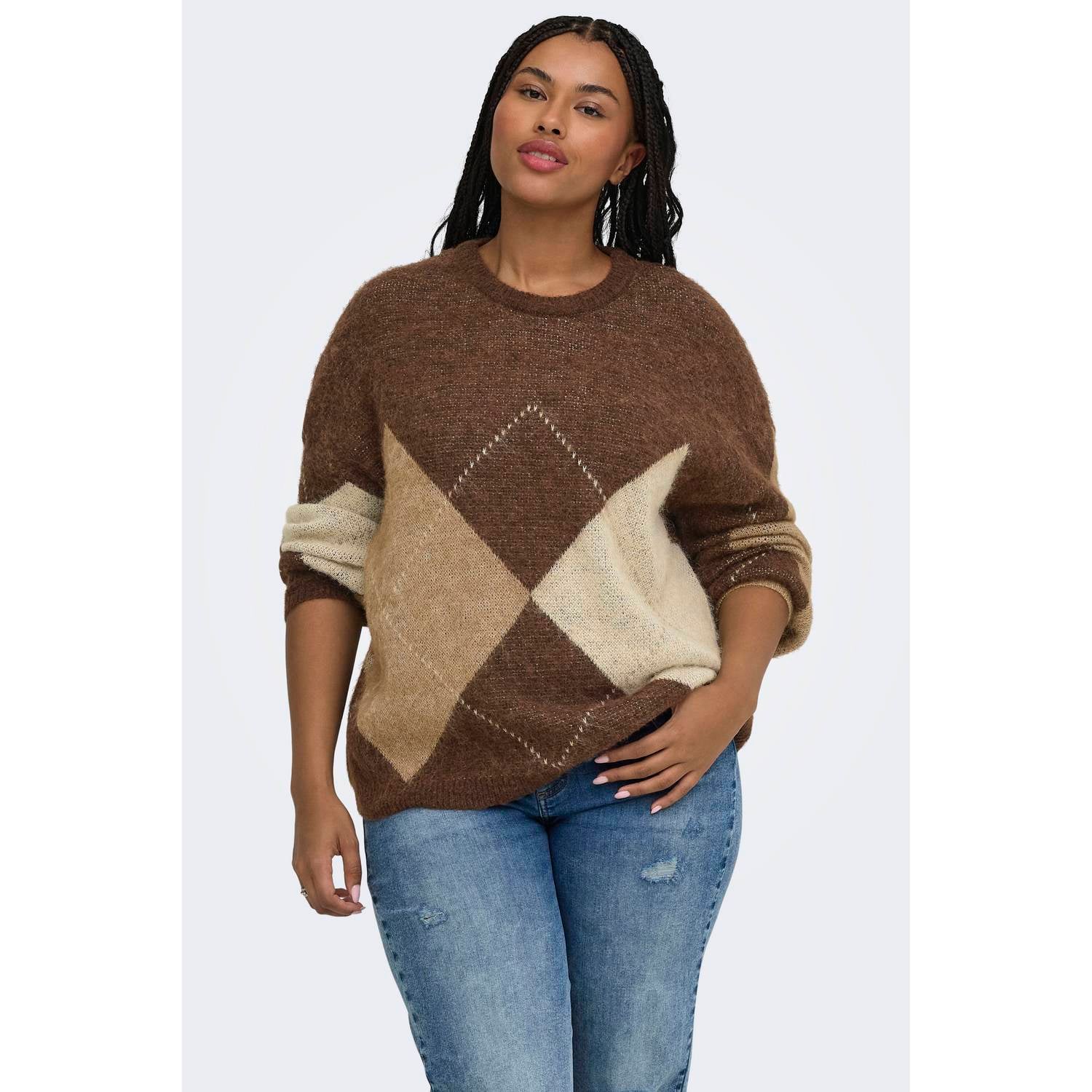 ONLY CARMAKOMA Plus Size gebreide geruite trui met wol bruin