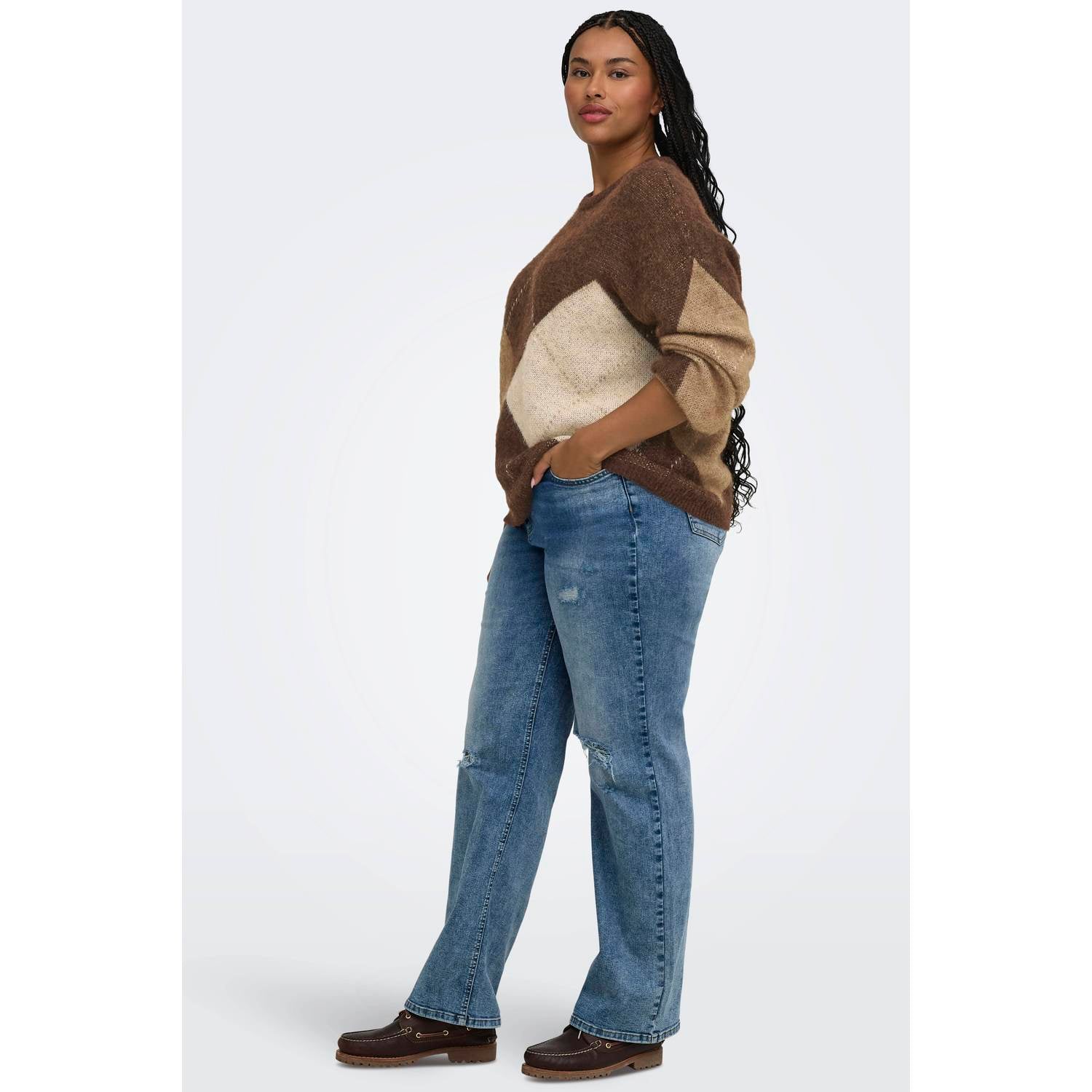 ONLY CARMAKOMA Plus Size gebreide geruite trui met wol bruin