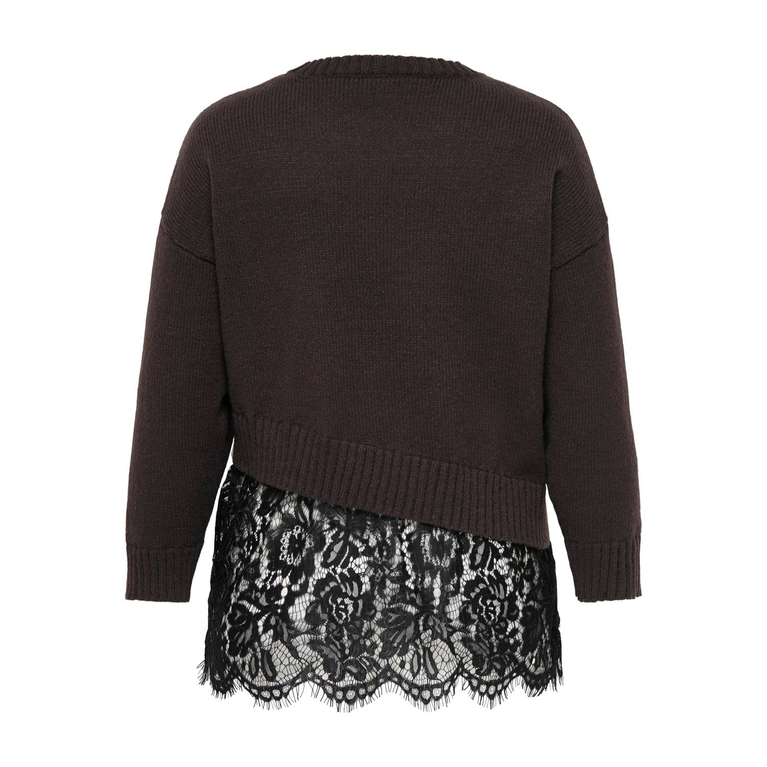 ONLY CARMAKOMA Carevie Ls Lace Mix O-Neck Knt Plus Size gebreide trui donkerbruin