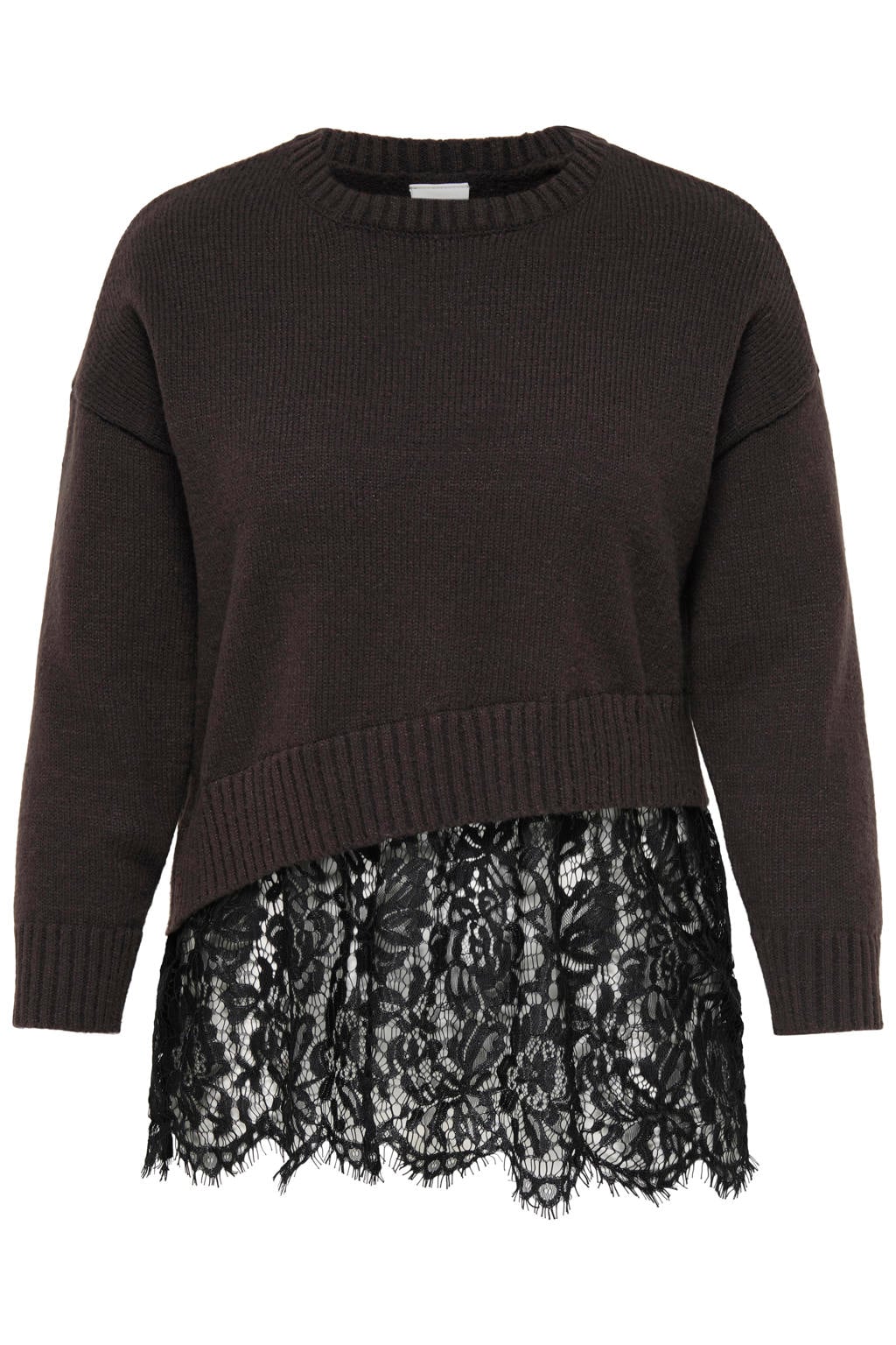 ONLY CARMAKOMA Carevie Ls Lace Mix O-Neck Knt Plus Size gebreide trui - donkerbruin