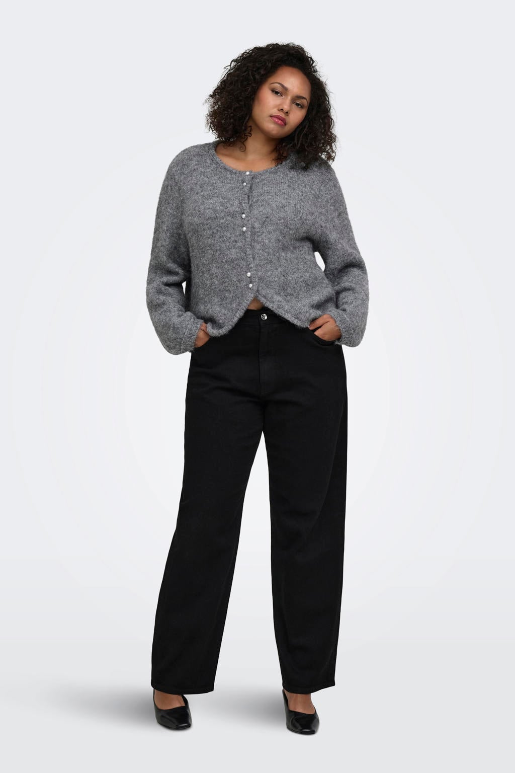 Grijze dames ONLY CARMAKOMA Plus Size gebreid vest met effen, lange mouwen en knoopsluiting