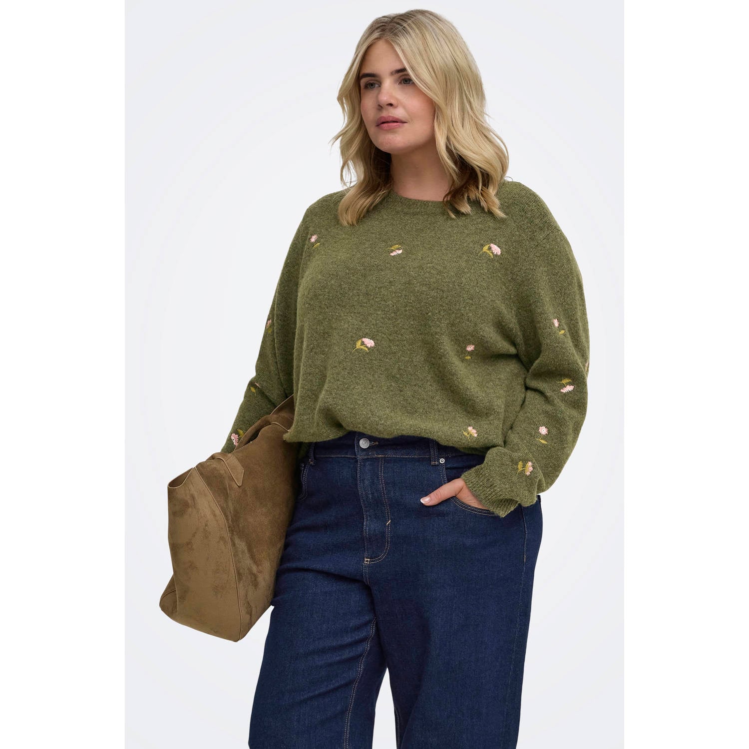 ONLY CARMAKOMA Plus Size gebreide gebloemde trui met borduursels en wol groen