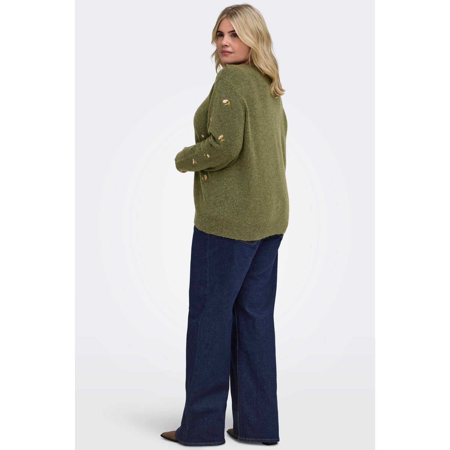 ONLY CARMAKOMA Plus Size gebreide gebloemde trui met borduursels en wol groen