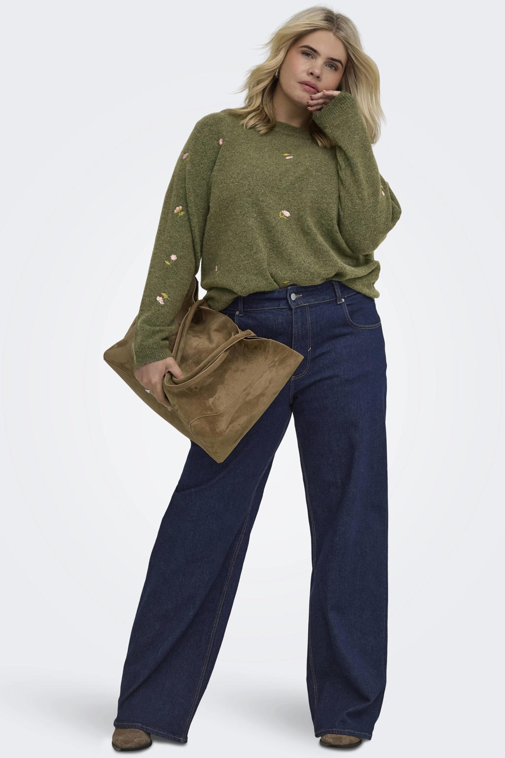 ONLY CARMAKOMA Plus Size gebreide gebloemde trui met borduursels en wol - groen