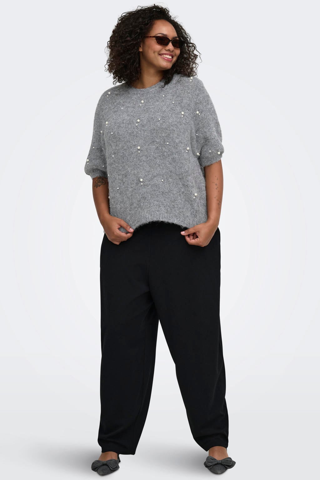 Grijze dames ONLY CARMAKOMA Plus Size gebreide trui van polyester met effen en lange mouwen