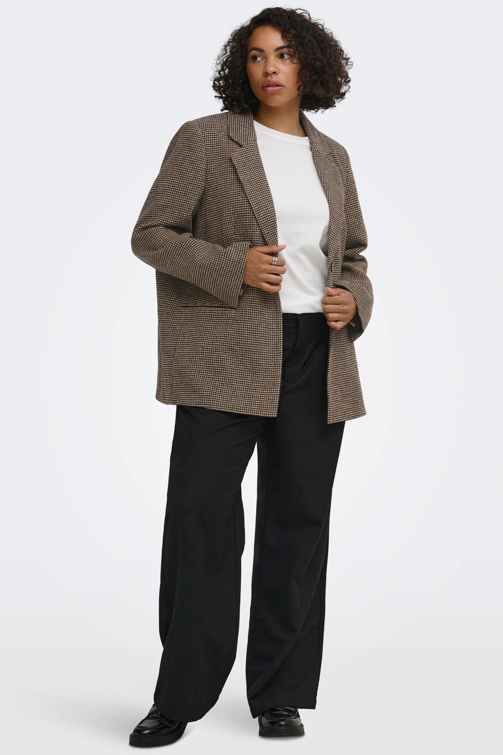 Bruine dames ONLY CARMAKOMA Plus Size blazer van polyester met ruitenprint, lange mouwen, reverskraag, knoopsluiting en ceintuur