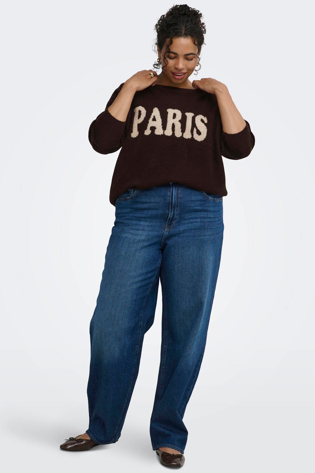 ONLY CARMAKOMA Plus Size gebreide trui met print en wol - donkerbruin