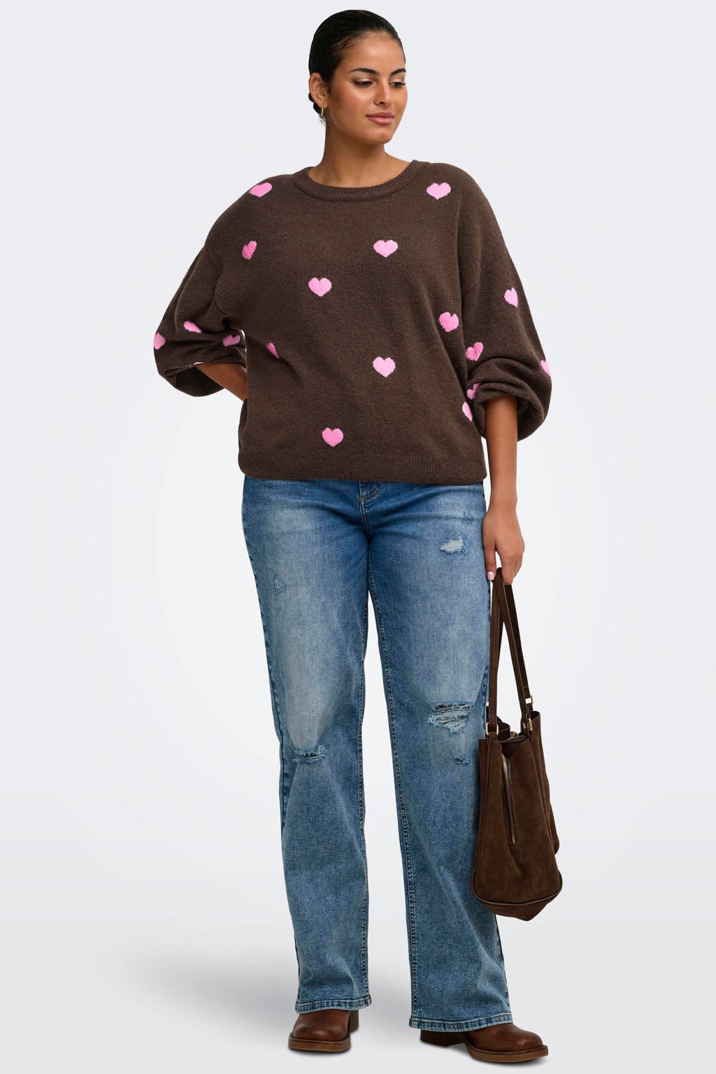 ONLY CARMAKOMA gebreide trui Plus Size met hartjes - donkerbruin