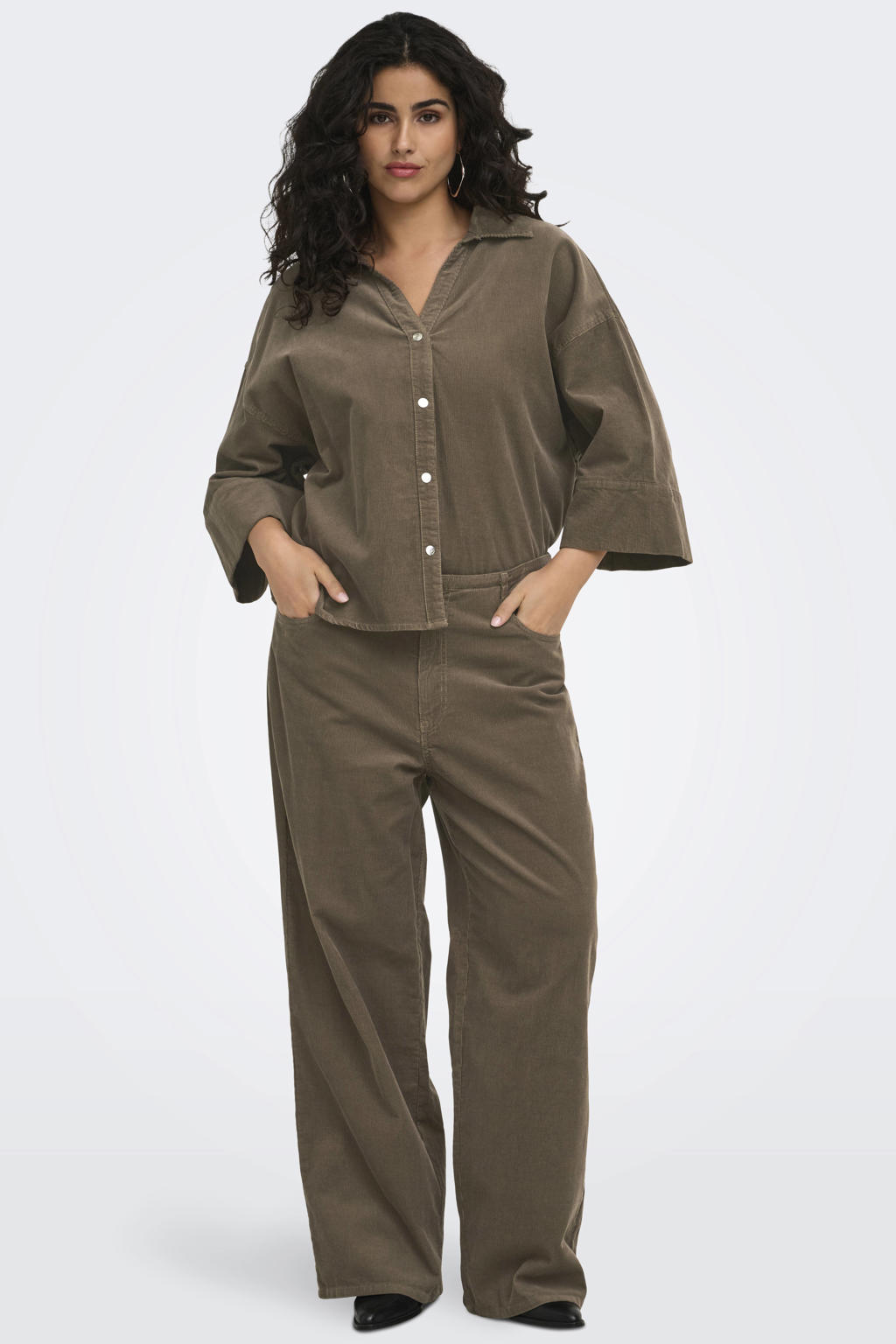 Bruine dames ONLY CARMAKOMA Carnessa hw tie cord wide pant pnt Plus Size van denim met effen