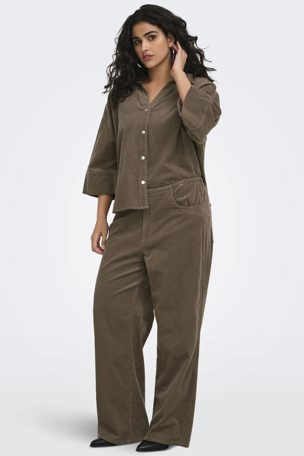 Bruine dames ONLY CARMAKOMA Carnessa 3 4 Cord Shirt Cc Pnt Plus Size blouse van katoen met effen, driekwart mouwen, klassieke kraag, knoopsluiting en textuur