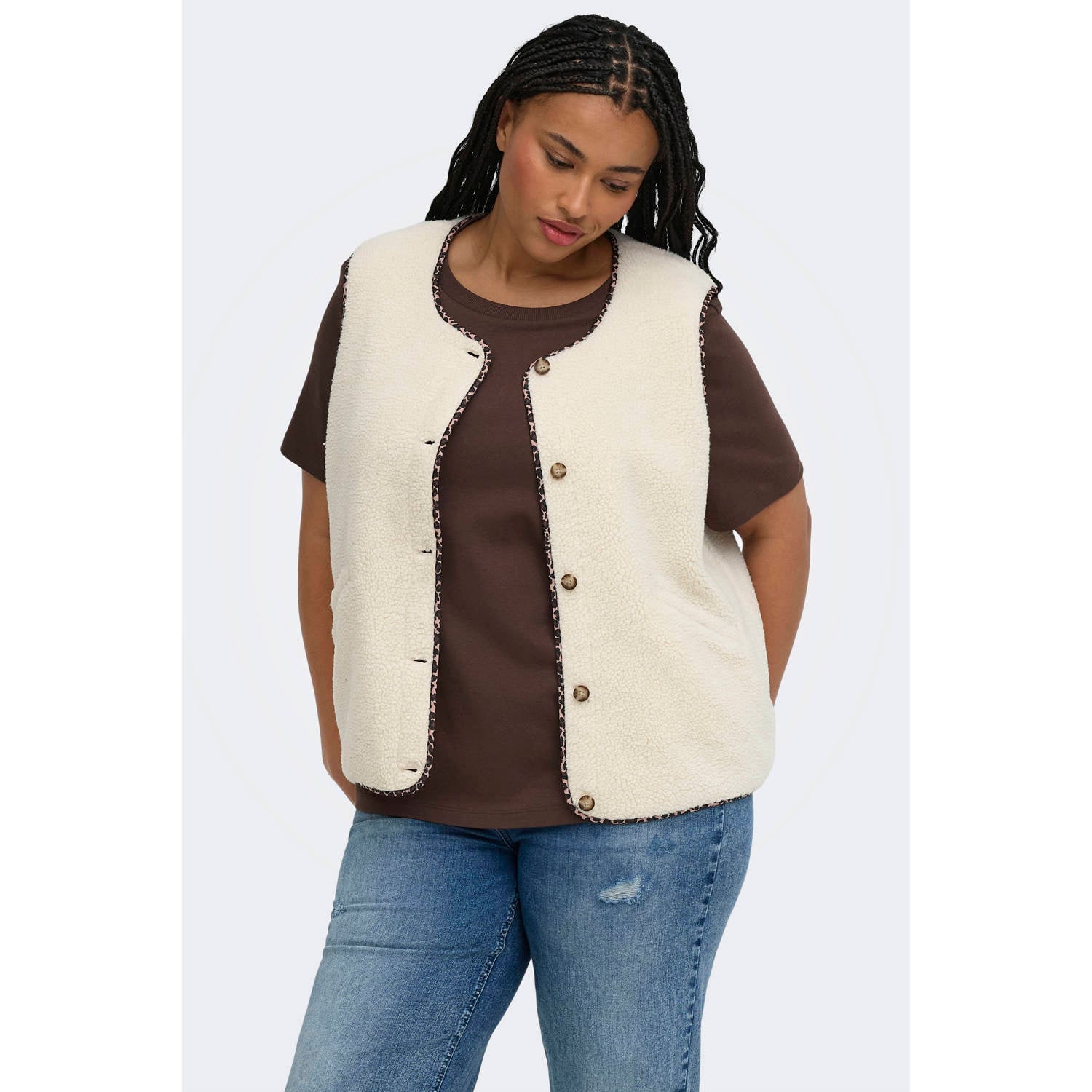 ONLY CARMAKOMA Plus Size teddy gilet met dierenprint ecru