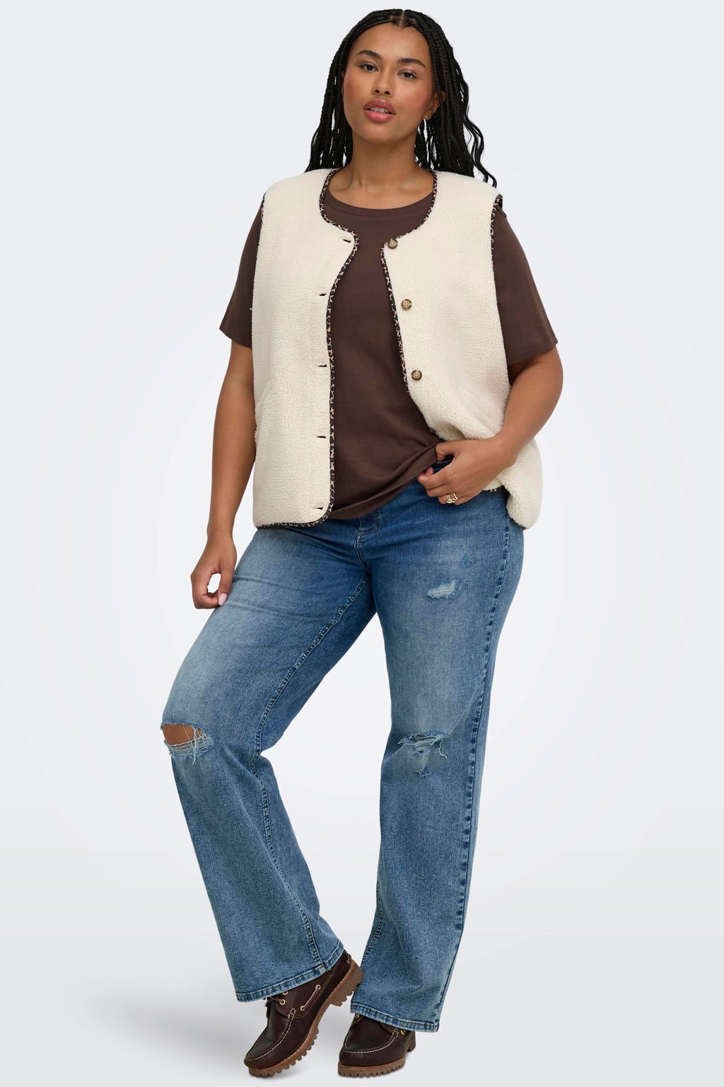 ONLY CARMAKOMA Plus Size teddy gilet met dierenprint - ecru