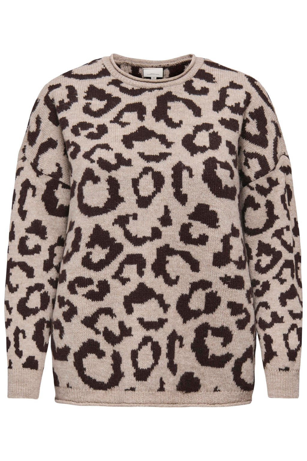 Beige dames ONLY CARMAKOMA van acryl met dierenprint, lange mouwen en ronde hals