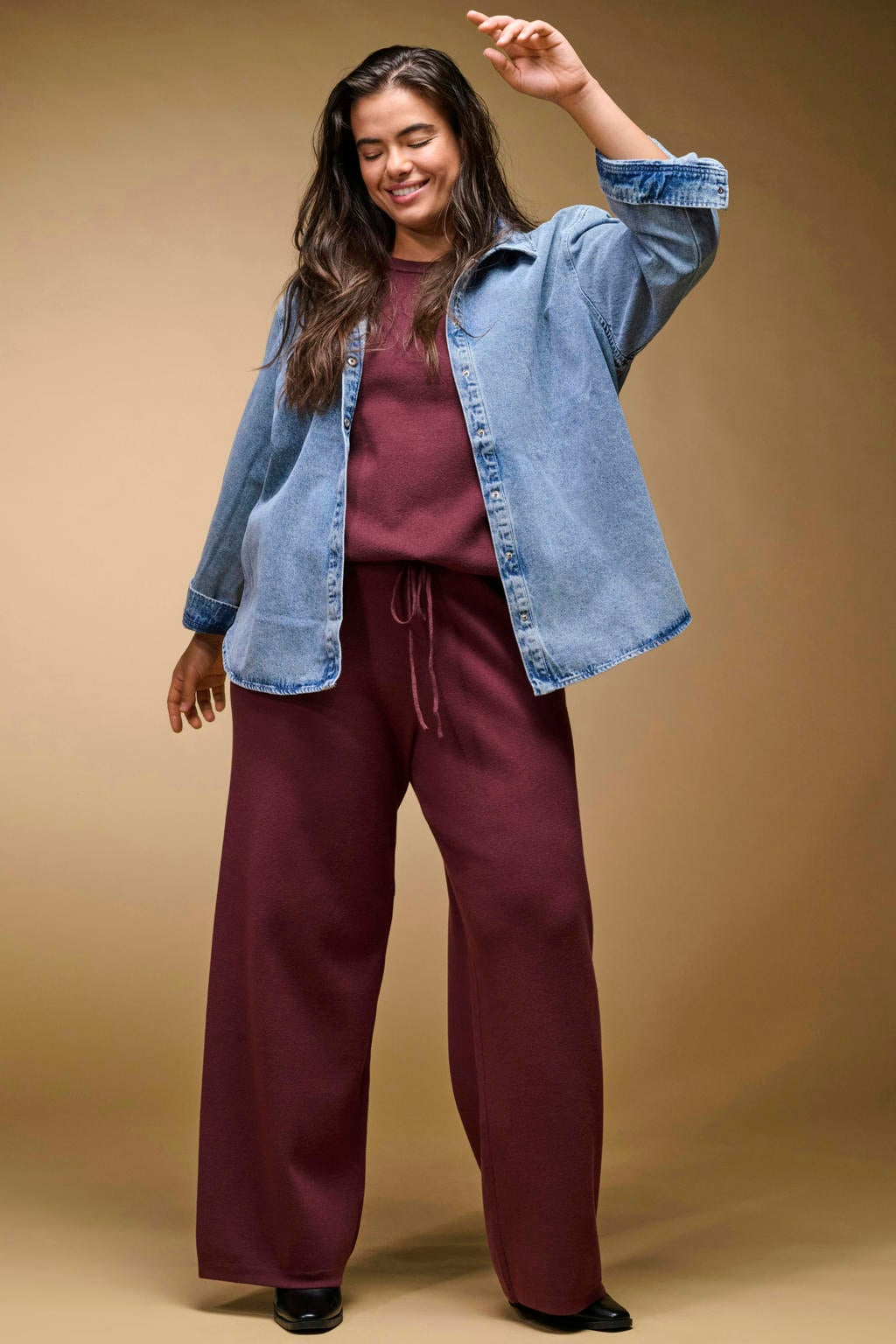 ONLY CARMAKOMA Plus Size high waist straight leg gebreide casual broek - donkerrood
