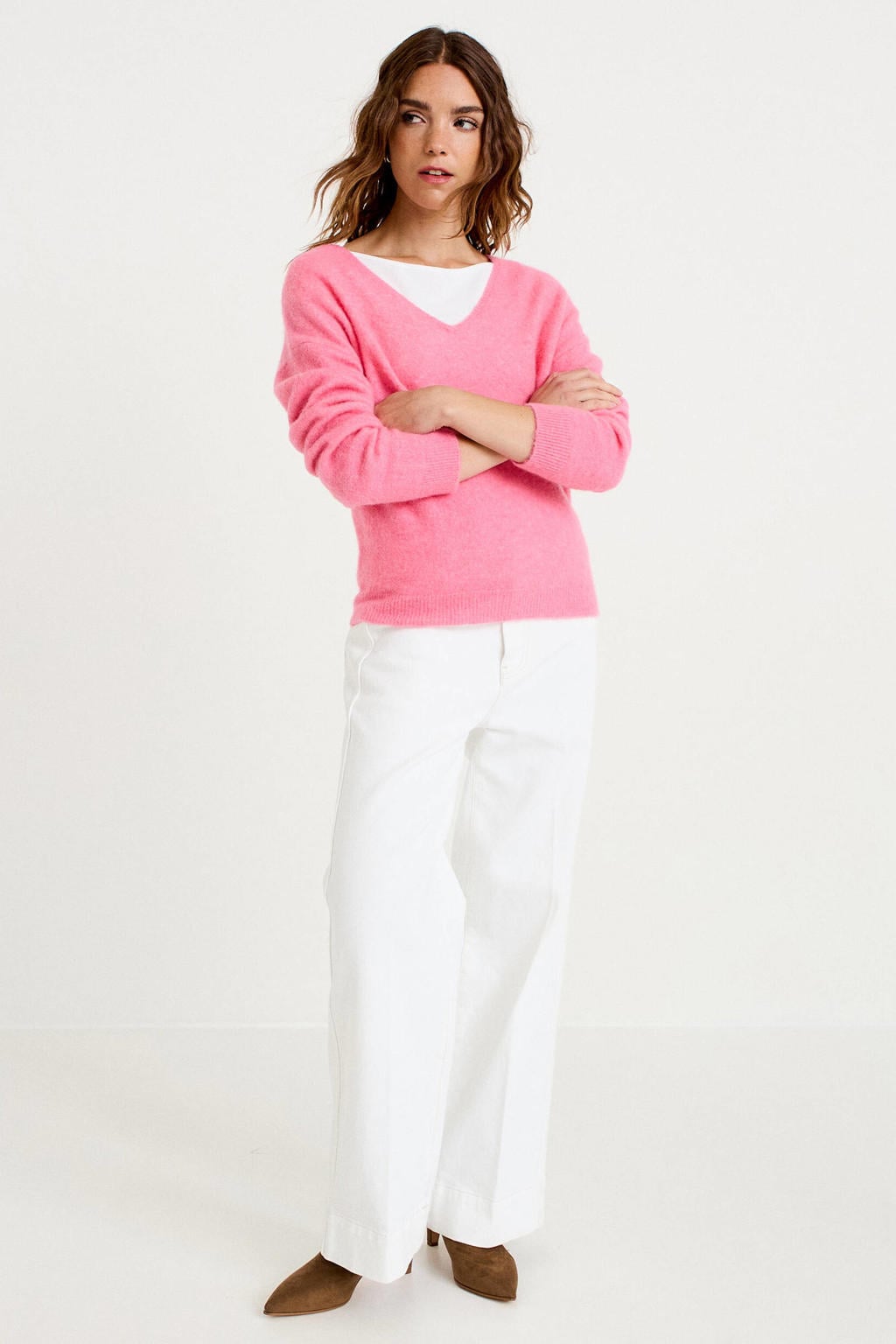 Roze dames Cache Cache gebreide trui van polyamide met effen, lange mouwen en V-hals