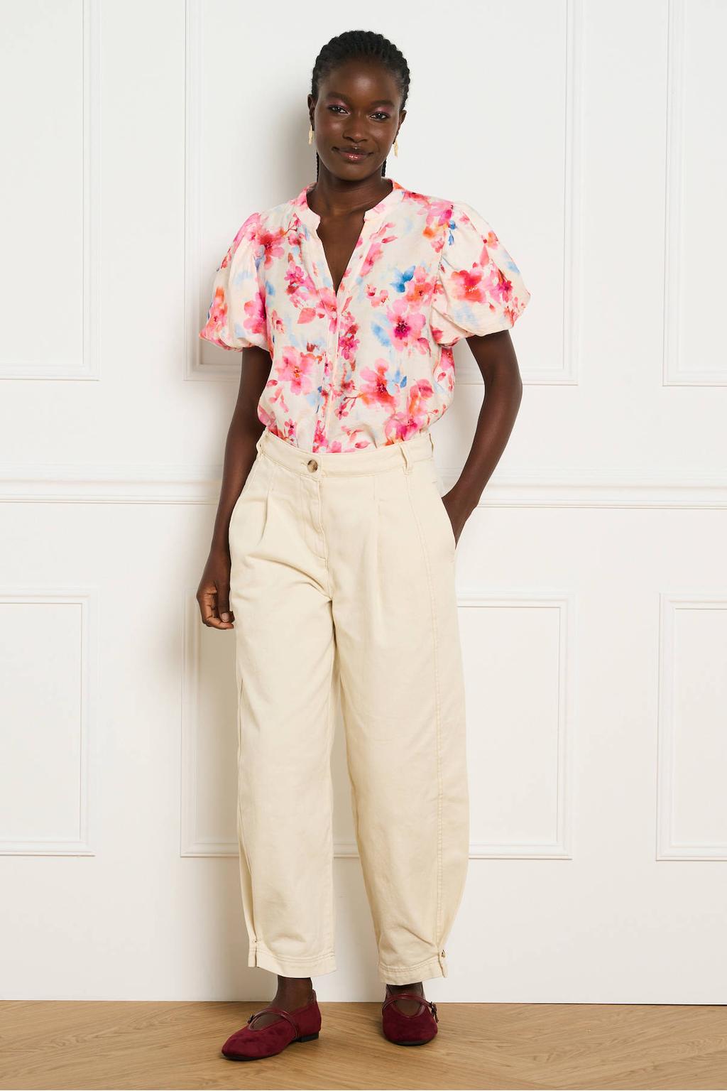 Multikleurige dames LOLALIZA gebloemde blouse meerkleurig van viscose met korte mouwen, ronde hals en knoopsluiting