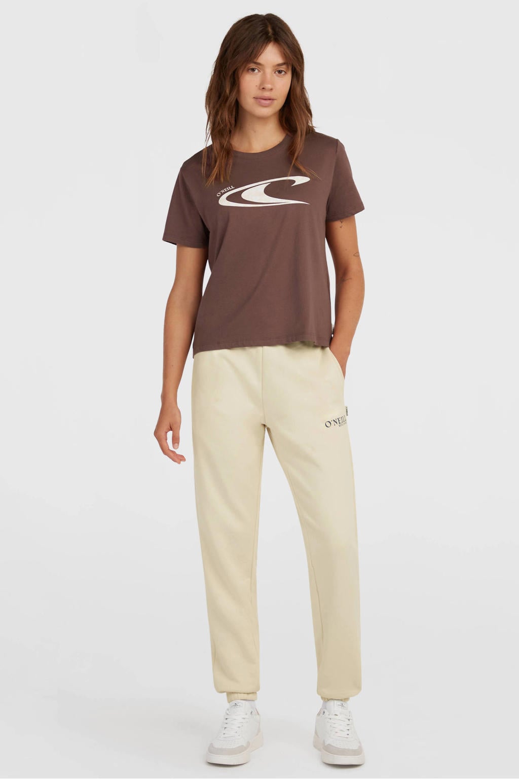 Ecru dames O'Neill slim fit broek van katoen met regular waist, elastische tailleband en effen