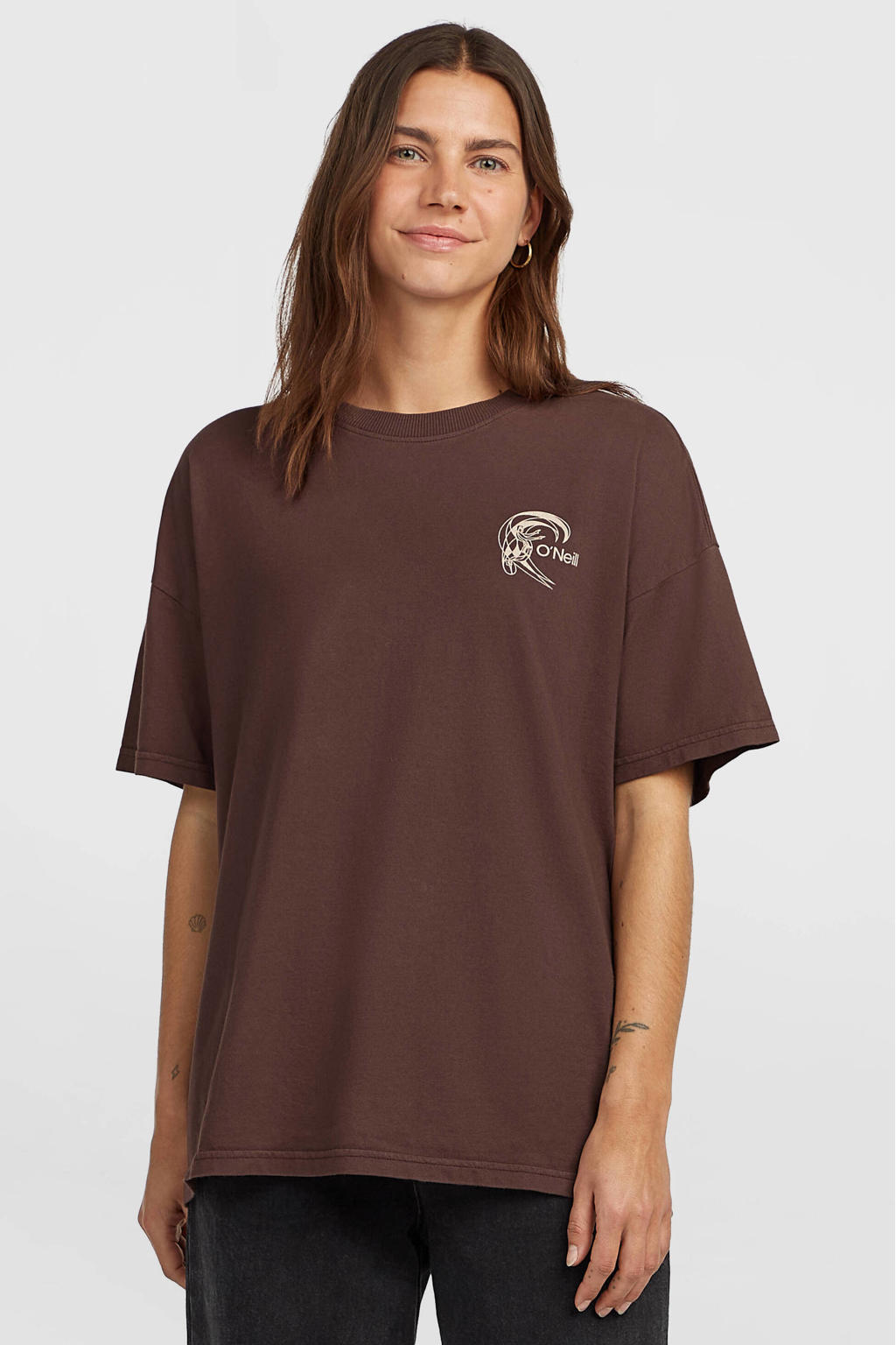 Bruin en ecru dames O'Neill T-shirt van katoen met backprint, korte mouwen en ronde hals