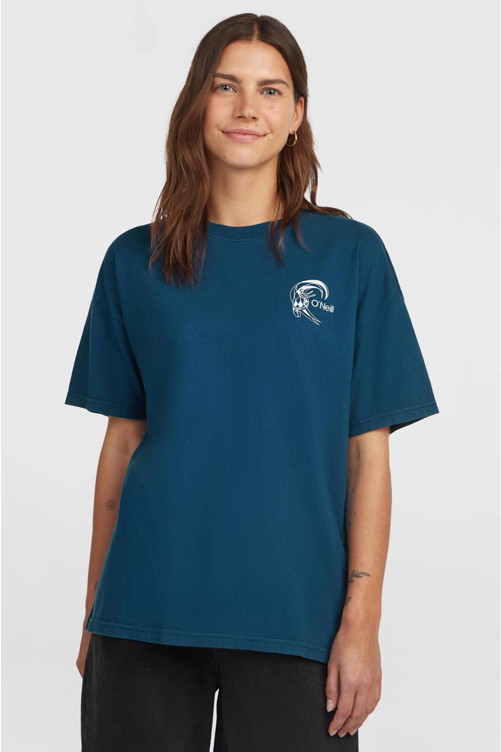 Blauwe dames O'Neill T-shirt van katoen met effen, korte mouwen en ronde hals