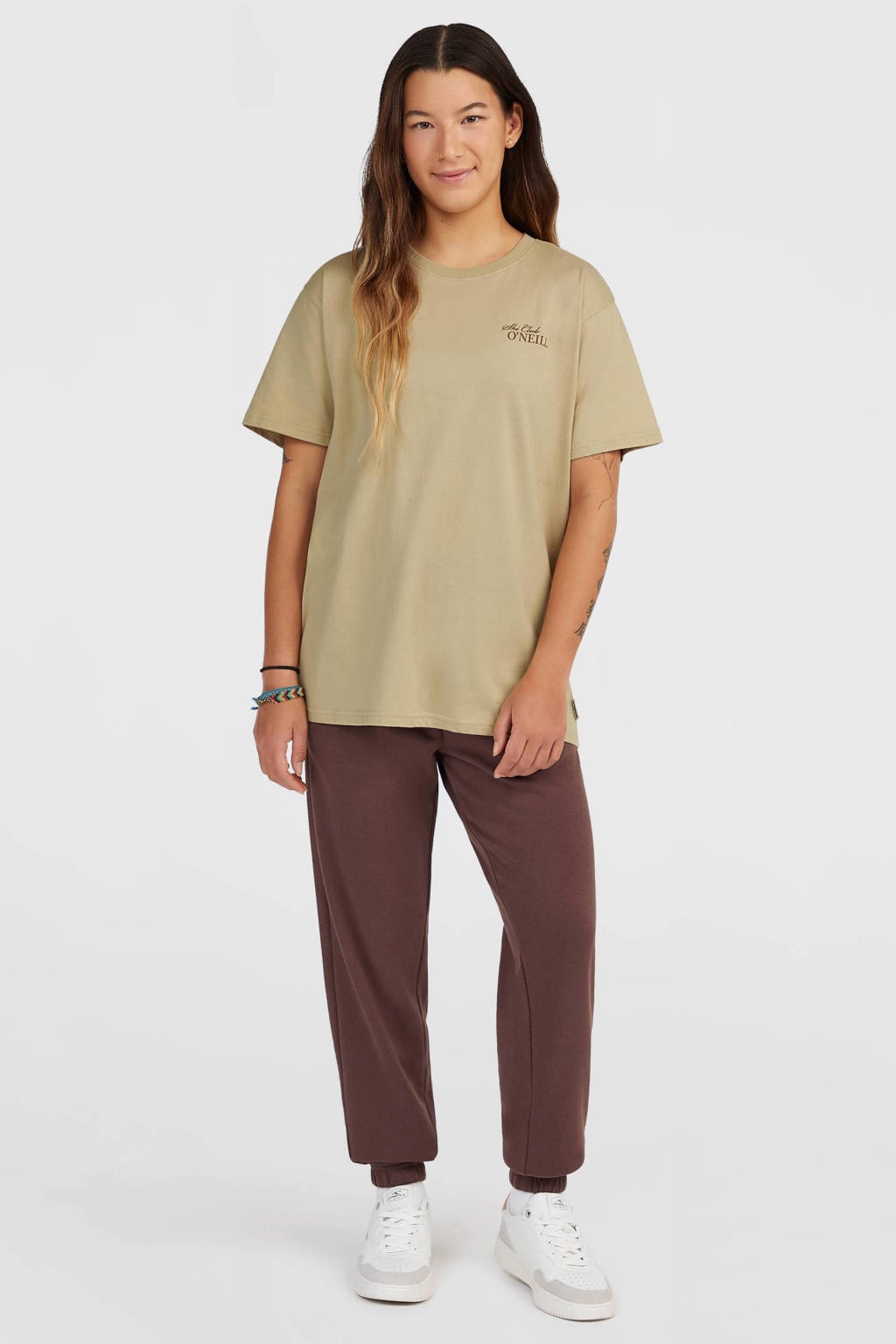 Lichtgroene dames O'Neill T-shirt van katoen met effen, korte mouwen en ronde hals