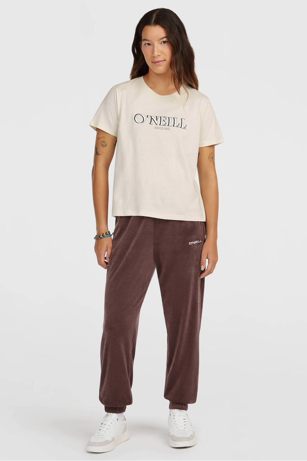 Ecru dames O'Neill T-shirt van katoen met effen, korte mouwen en ronde hals