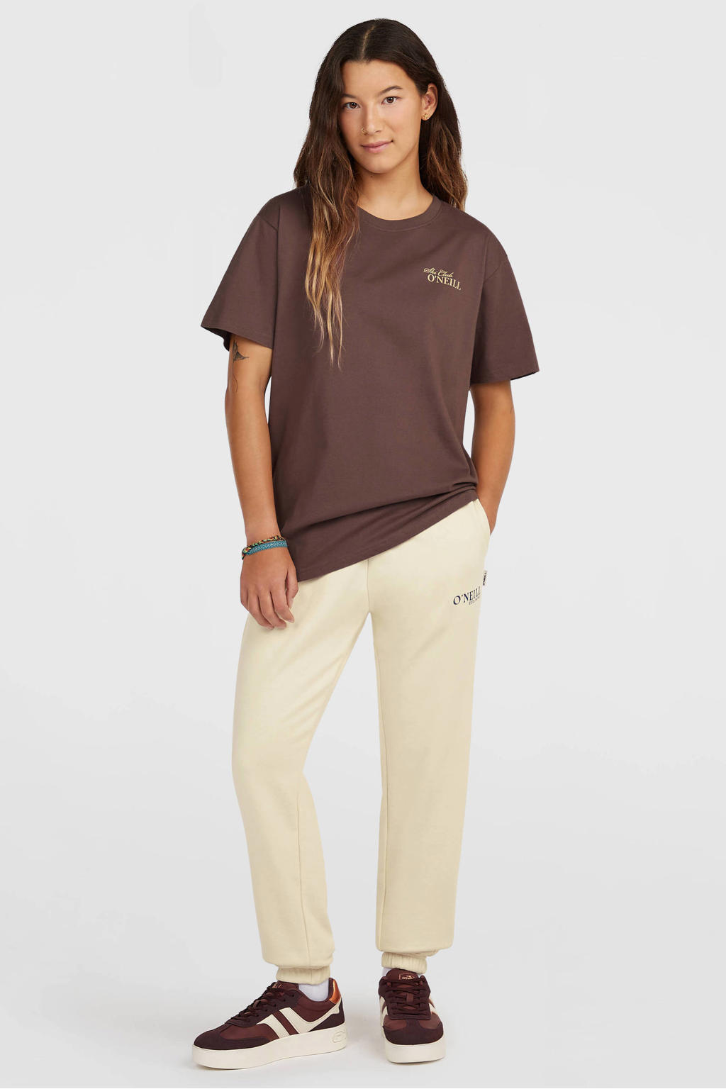Bruine dames O'Neill T-shirt van katoen met tekst print, korte mouwen en ronde hals