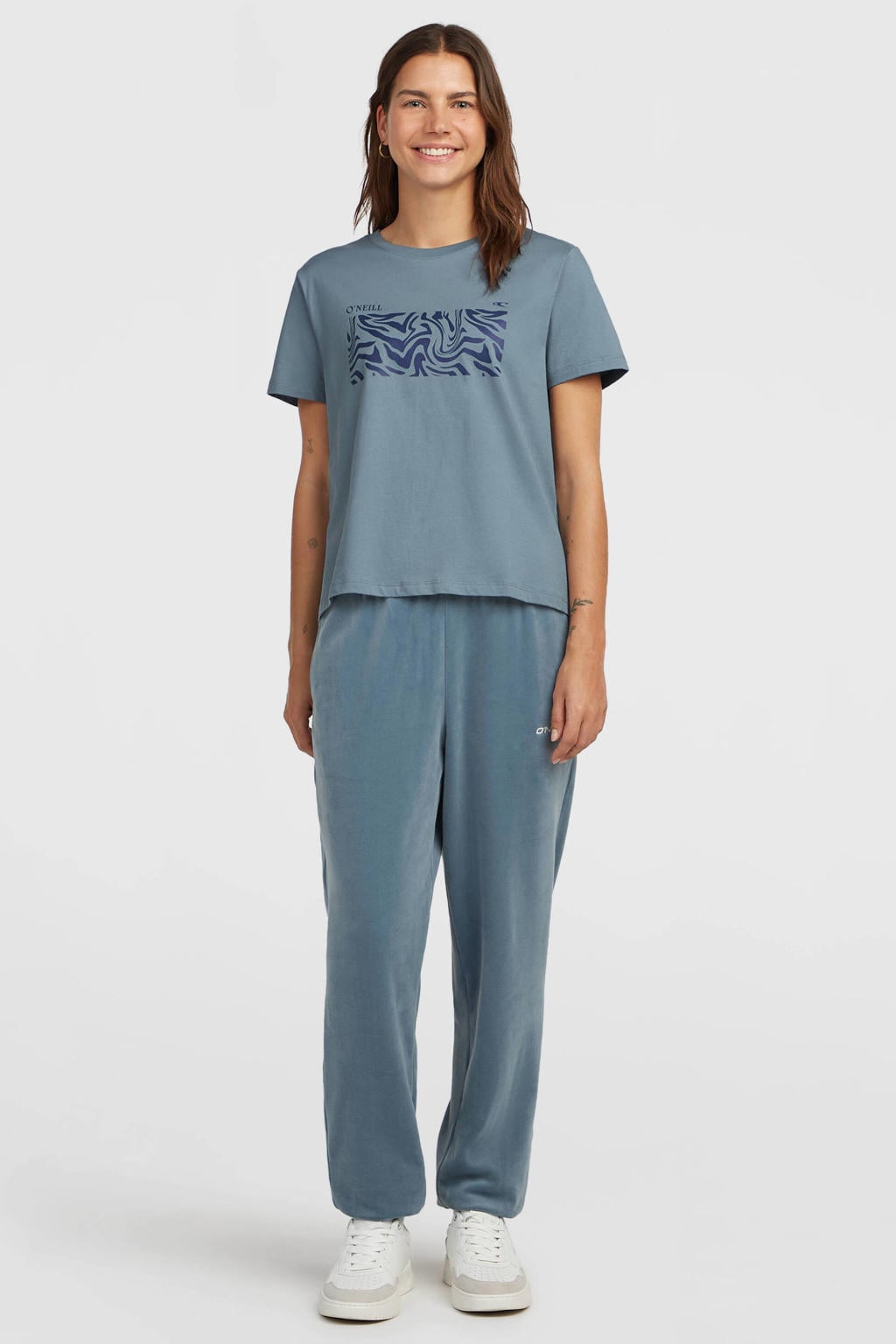 Blauwe dames O'Neill T-shirt van katoen met effen, korte mouwen en ronde hals