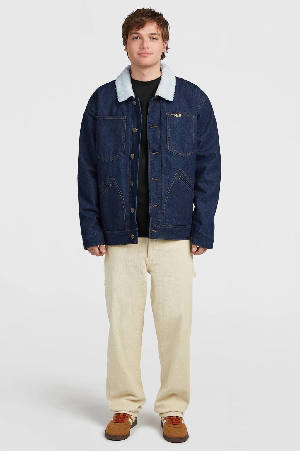 Dark blue denim heren O'Neill spijkerjas indigo van denim met effen, lange mouwen en klassieke kraag