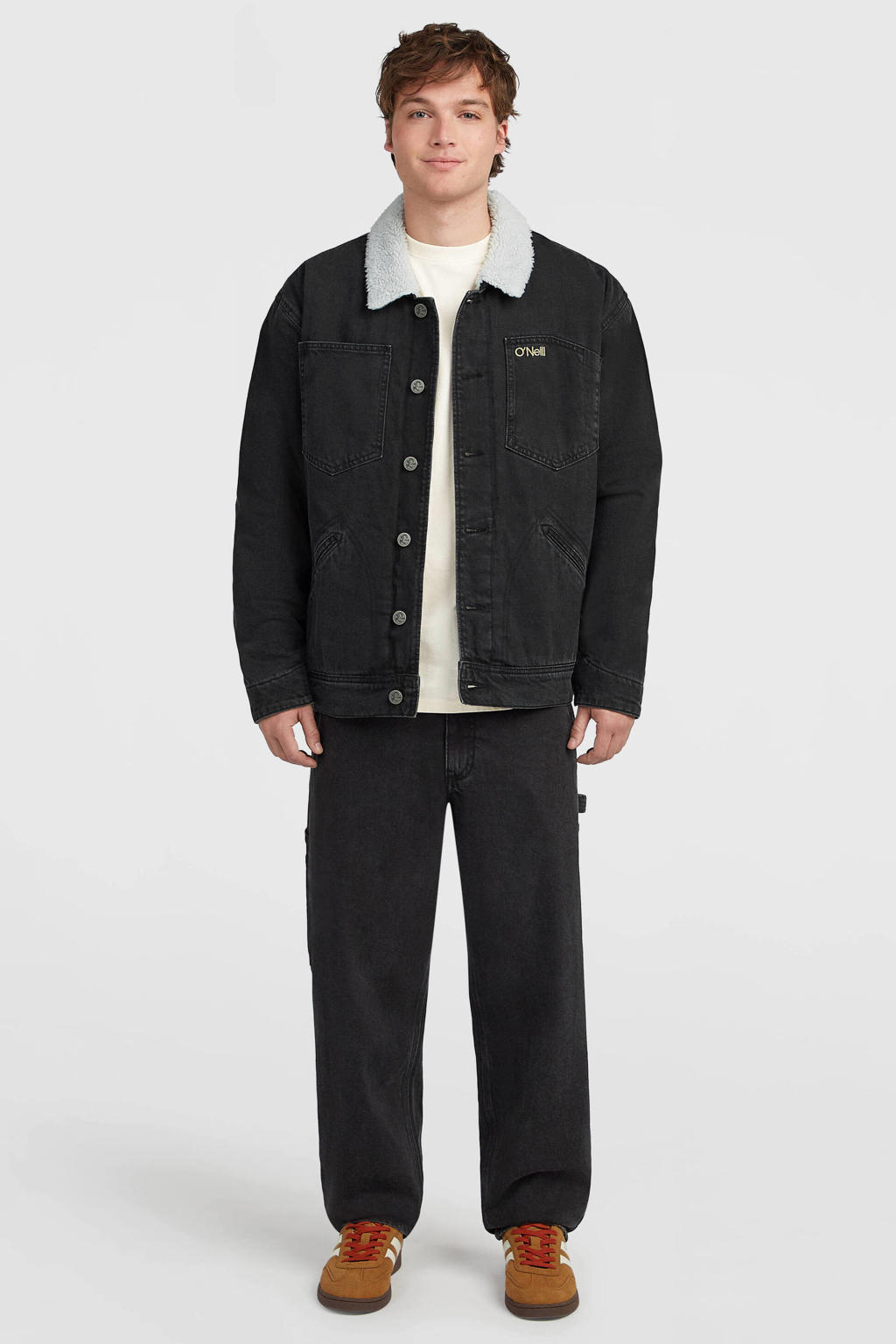 Black denim heren O'Neill spijkerjas van denim met effen, lange mouwen, klassieke kraag en knoopsluiting
