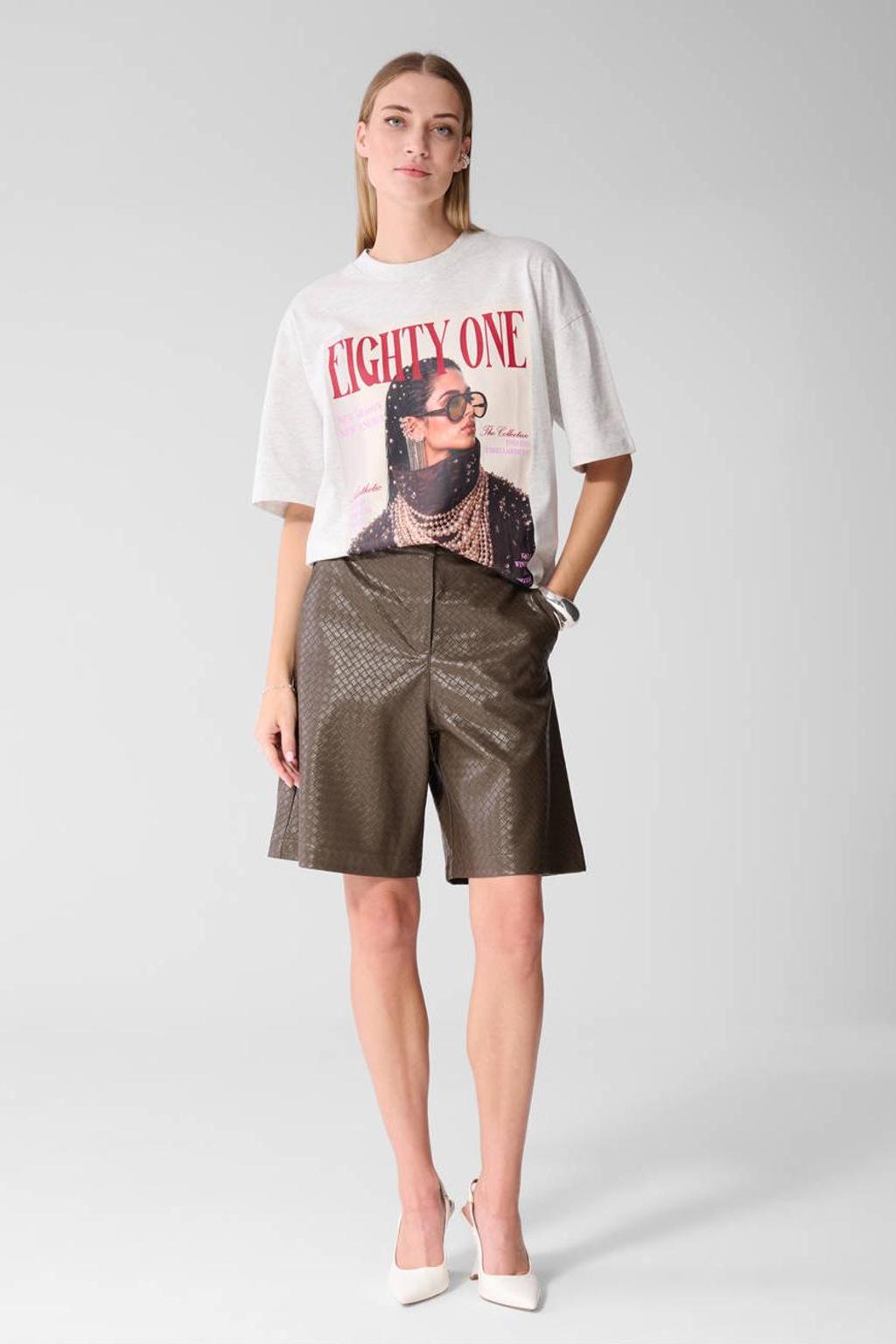 Lichtgrijze dames Shoeby T-shirt van katoen met printopdruk, korte mouwen en ronde hals