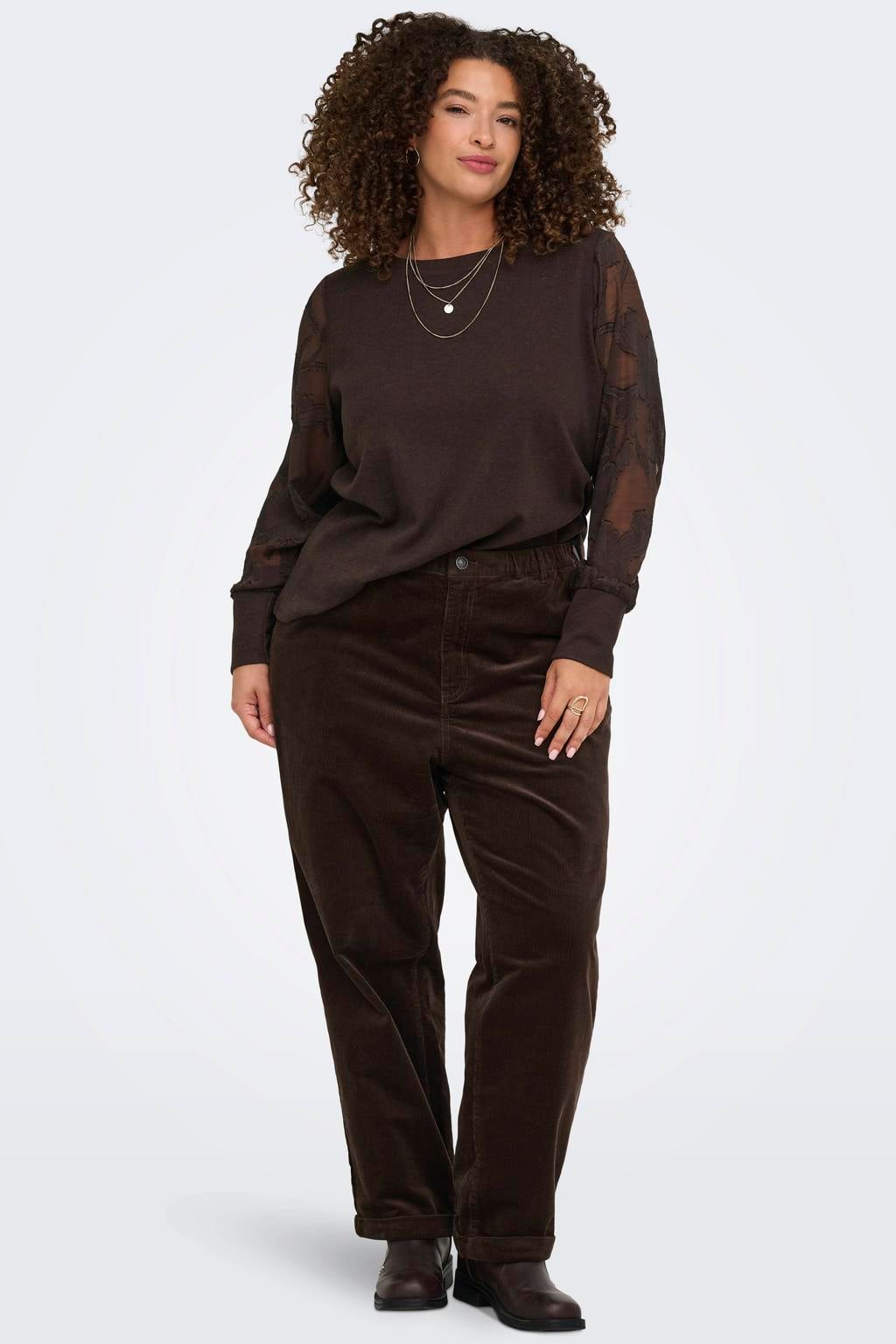 ONLY CARMAKOMA Plus Size semi-transparante jacquard top - donkerbruin