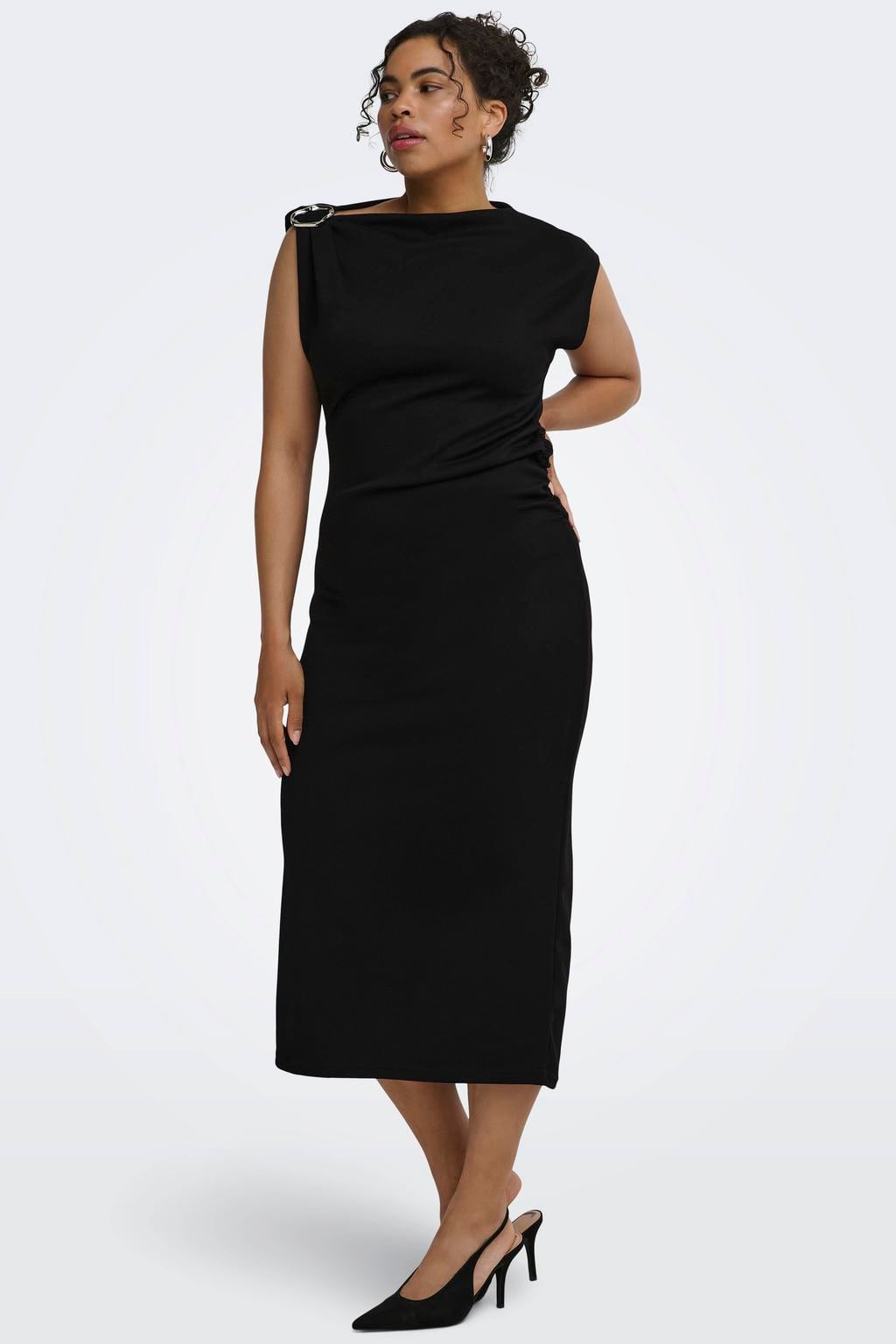 Zwarte dames ONLY CARMAKOMA Plus Size one shoulder midi jurk van polyester met effen