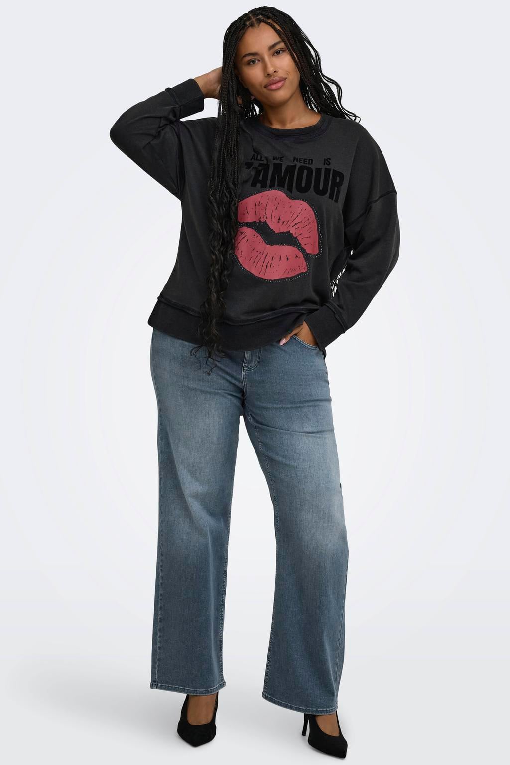 Grijze dames ONLY CARMAKOMA Plus Size sweater met printopdruk, lange mouwen en glitters