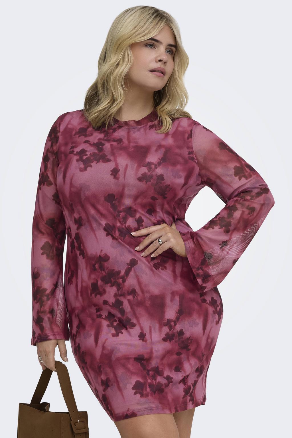Roze dames ONLY CARMAKOMA Plus Size mesh gebloemde mini jurk met lange mouwen
