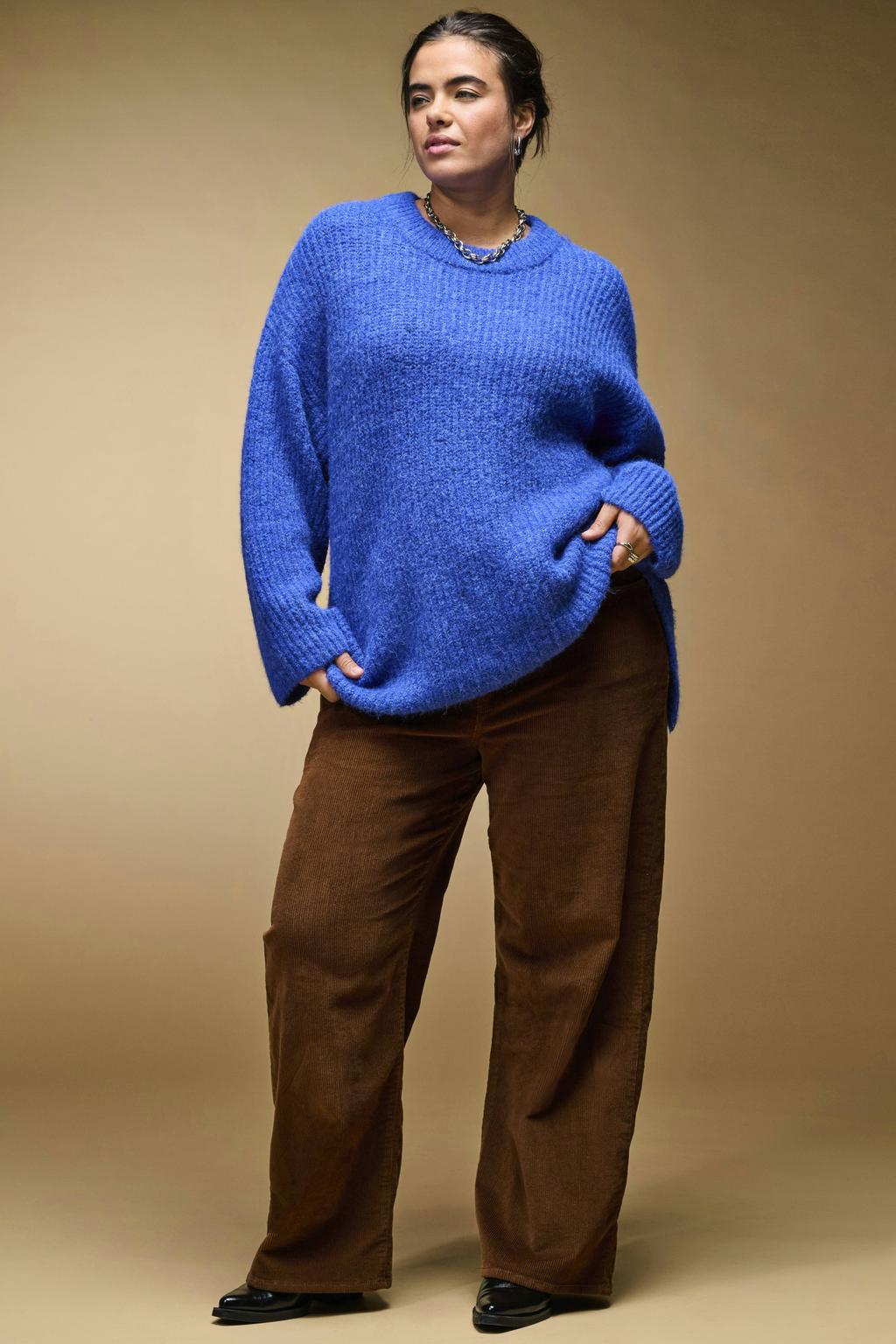 Blauwe dames ONLY CARMAKOMA Plus Size regular fit gebreide trui van polyester met effen en lange mouwen