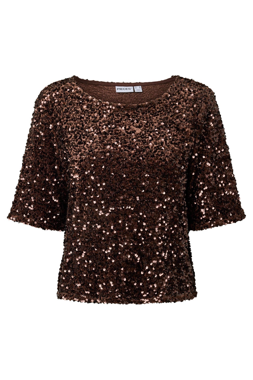 Donkerblauwe dames PIECES Curve Plus Size top van polyester met effen, korte mouwen en pailletten