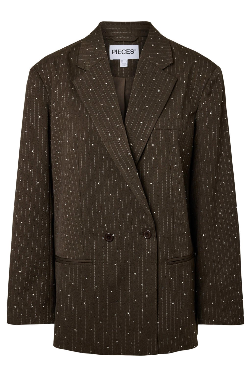 Donkerblauwe dames PIECES Curve Plus Size oversized blazer en krijtstreep van polyester met lange mouwen, knoopsluiting en strass steentjes