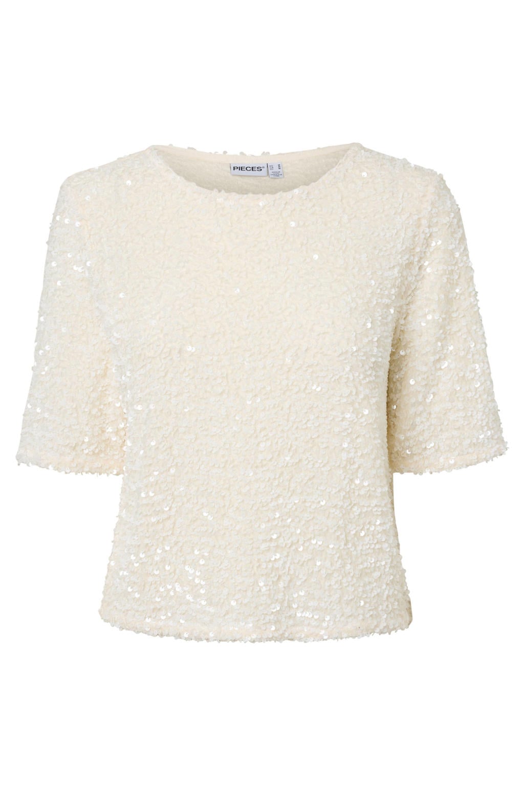 Ecru dames PIECES Curve Plus Size top van polyester met effen, korte mouwen en pailletten