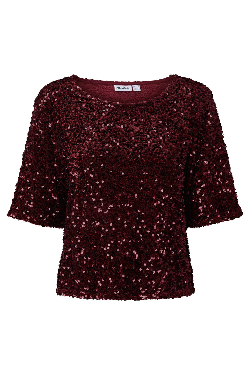 Donkerrode dames PIECES Curve Plus Size top van polyester met effen, korte mouwen en pailletten