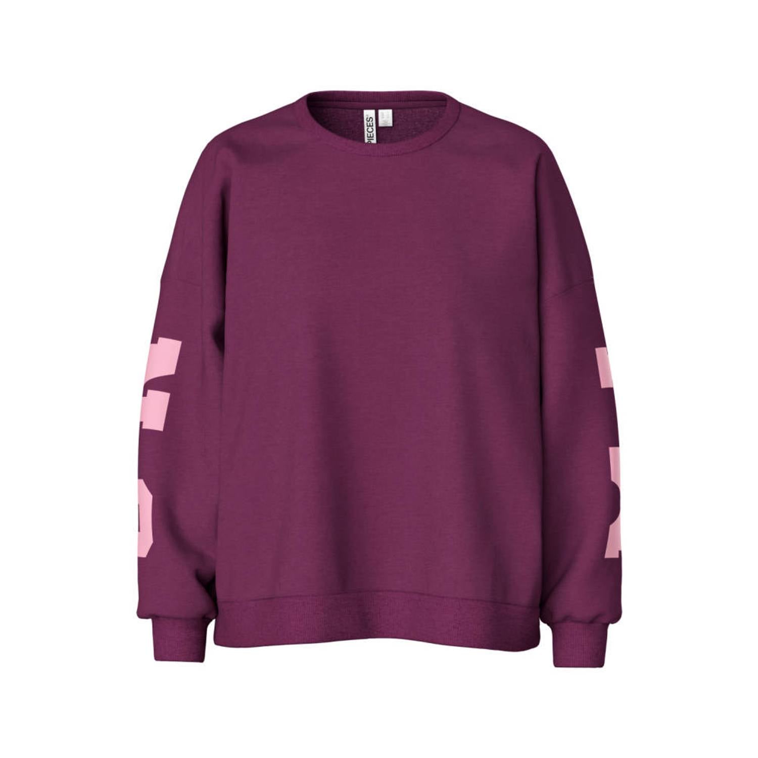 PIECES Curve Plus Size oversized sweater met tekst paars roze