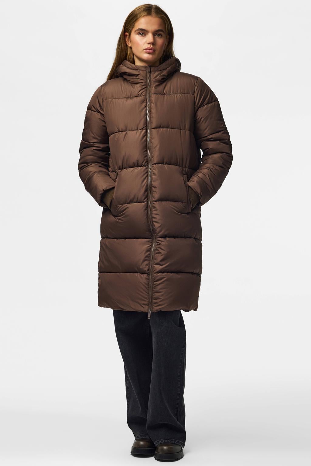 PIECES gebreide winterjas - donkerbruin