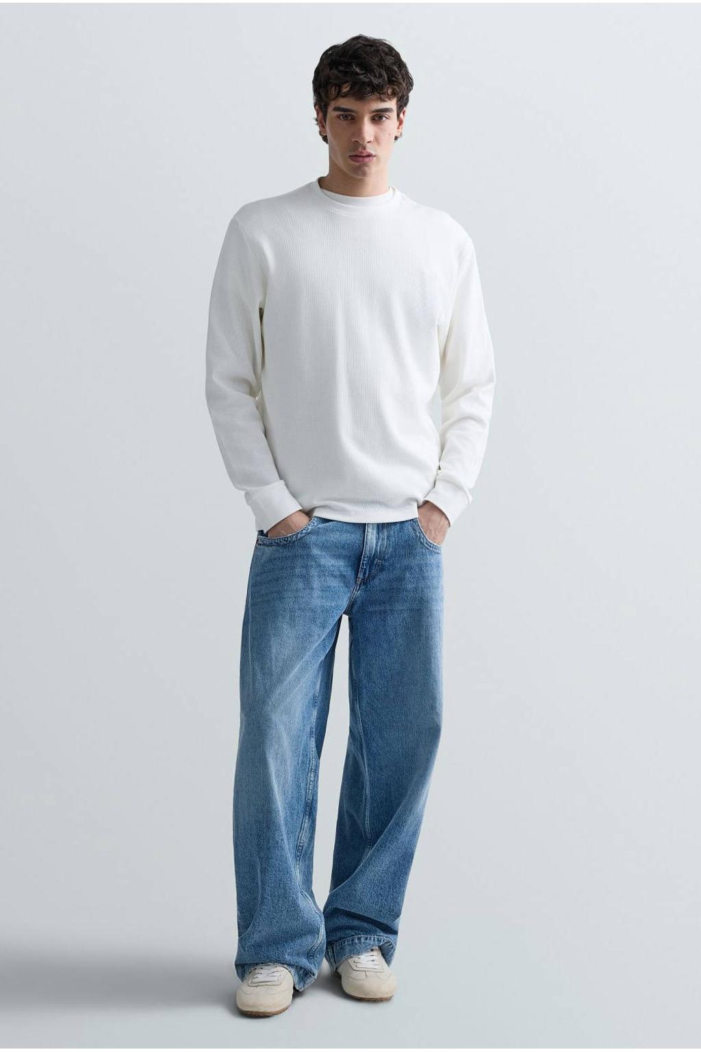 Witte heren REPLAY regular fit longsleeve van katoen met effen, lange mouwen, ronde hals en textuur