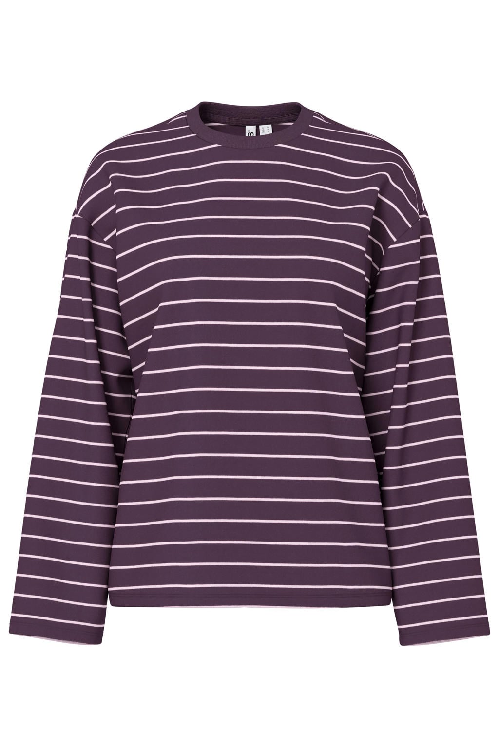 Donkerpaarse dames PIECES oversized gestreepte longsleeve van katoen met lange mouwen, ronde hals en geweven detail