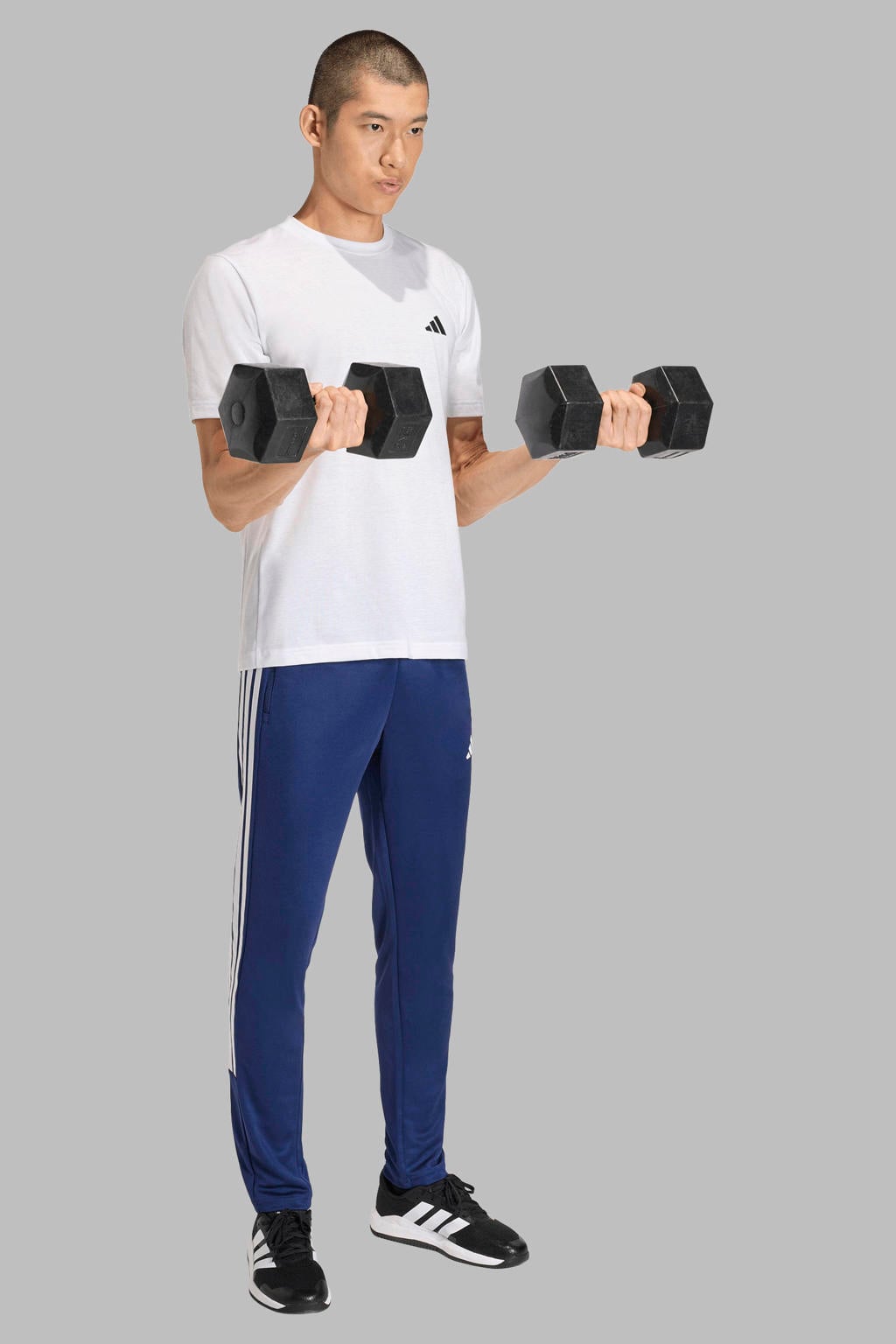 Donkerblauw en witte heren adidas Performance trainingsbroek van polyester met elastische tailleband met koord