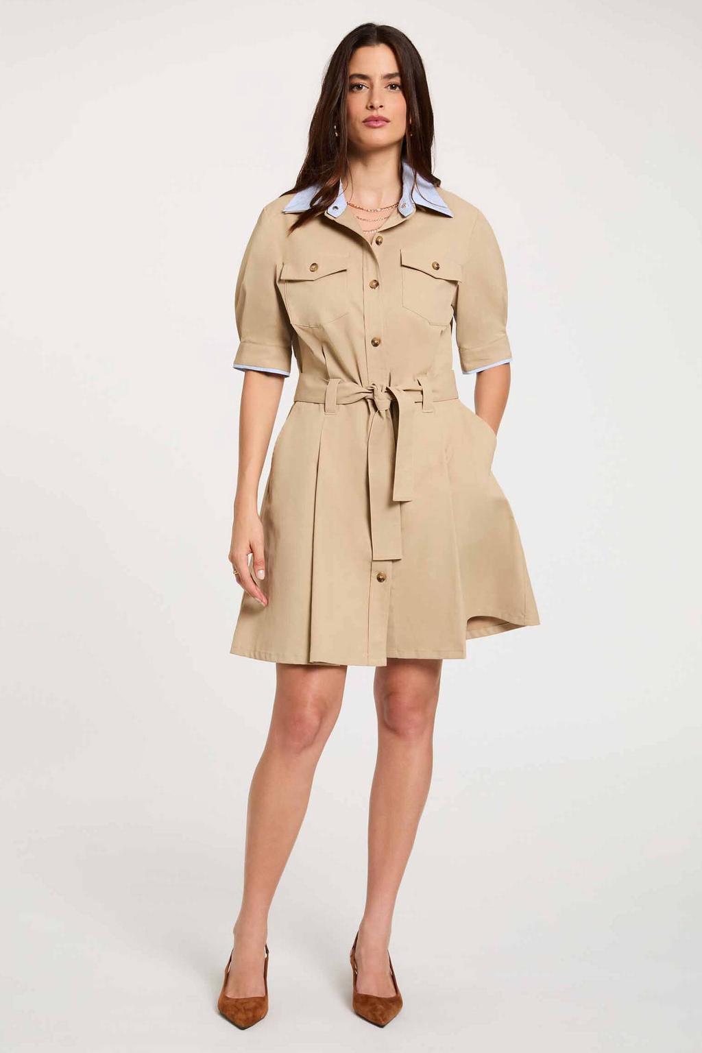 Beige dames Morgan blousejurk van polyester met effen, korte mouwen, klassieke kraag, knoopsluiting en ceintuur